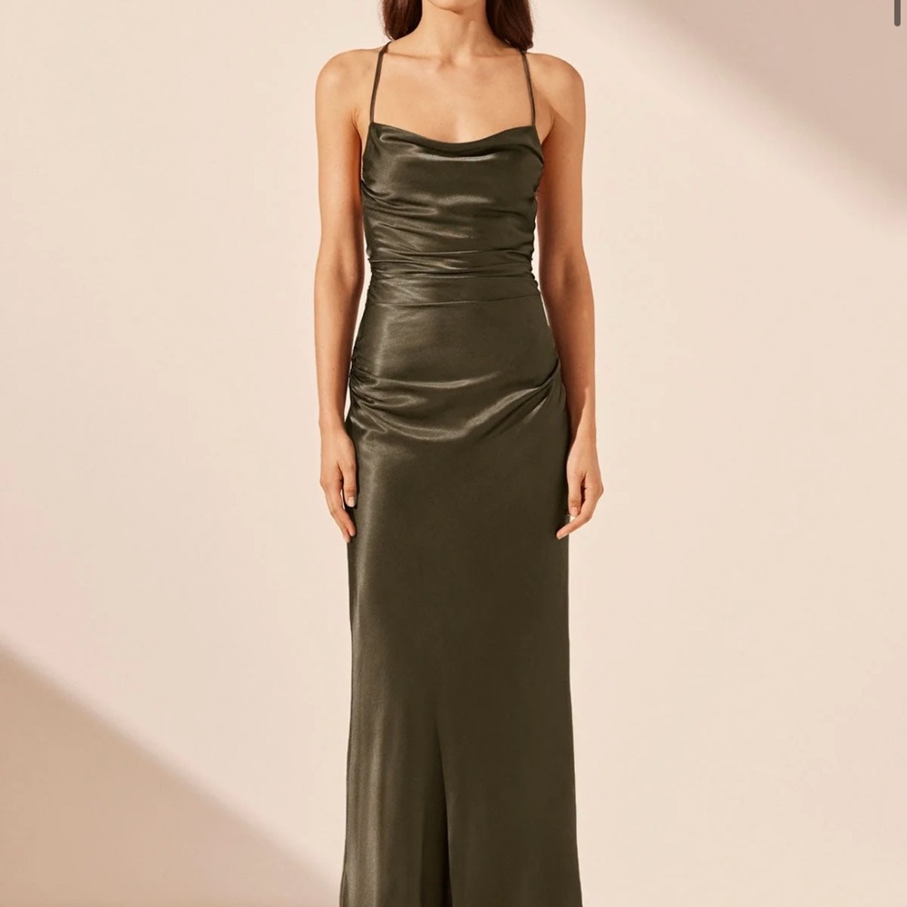 Shona Joy Olive Satin Maxi Dress